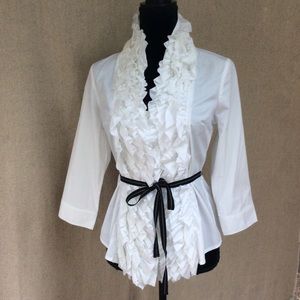 Grand & Greene White High-Neck Ruffle Blouse